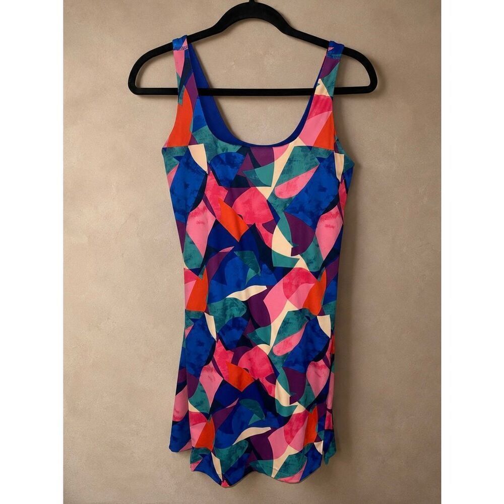 Old Navy Size Small PowerSoft Square Neck Athletic Skort Dress Blue Pink Geometr